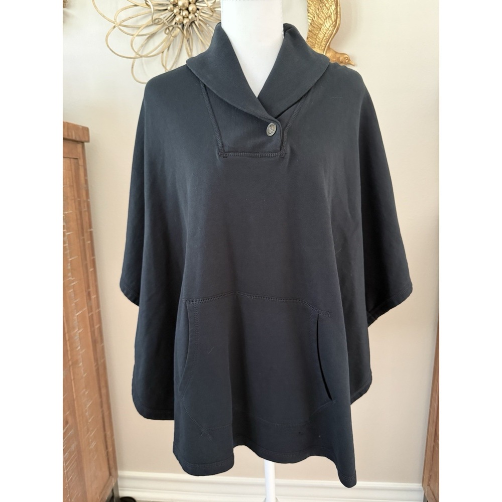 LRL Ralph Lauren Black Cotton Poncho Cape Sweater M/L Shawl Collar Pocket